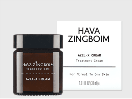 קרם אזל-אקס של חוה זינגבוים (Hava Zingboim Azel-X Cream) בצנצנת חומה עם אריזת קופסה לבנה – קרם טיפולי לעור רגיל עד יבש, זמין ב־YSEE by Yulia Galimidi.